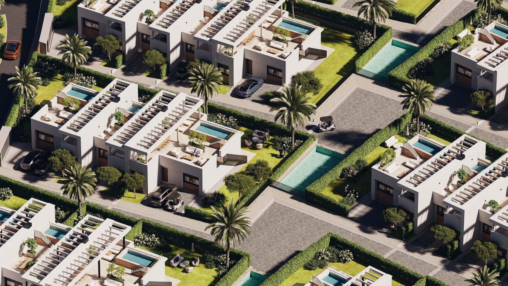 Detaillierte Luftaufnahme der privaten Pools von Green Valley