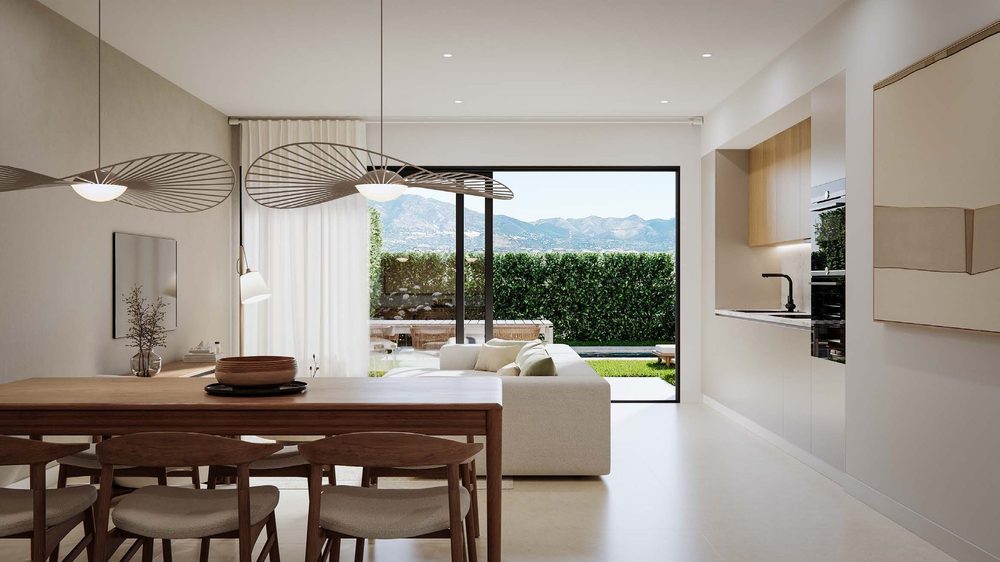 Küche und Wohnzimmer mit Bergblick
