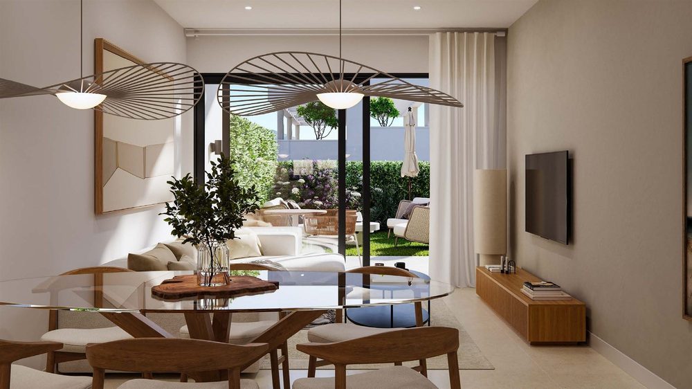 Wohn-Esszimmer mit Gartenblick