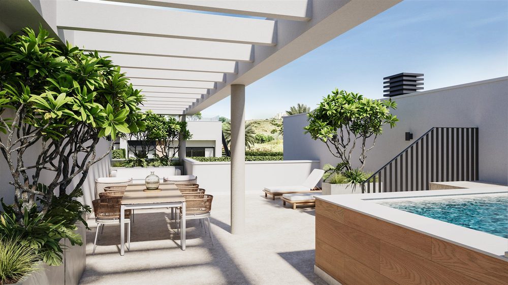 Überdachte Pergola-Terrasse mit Essplatz und Pool
